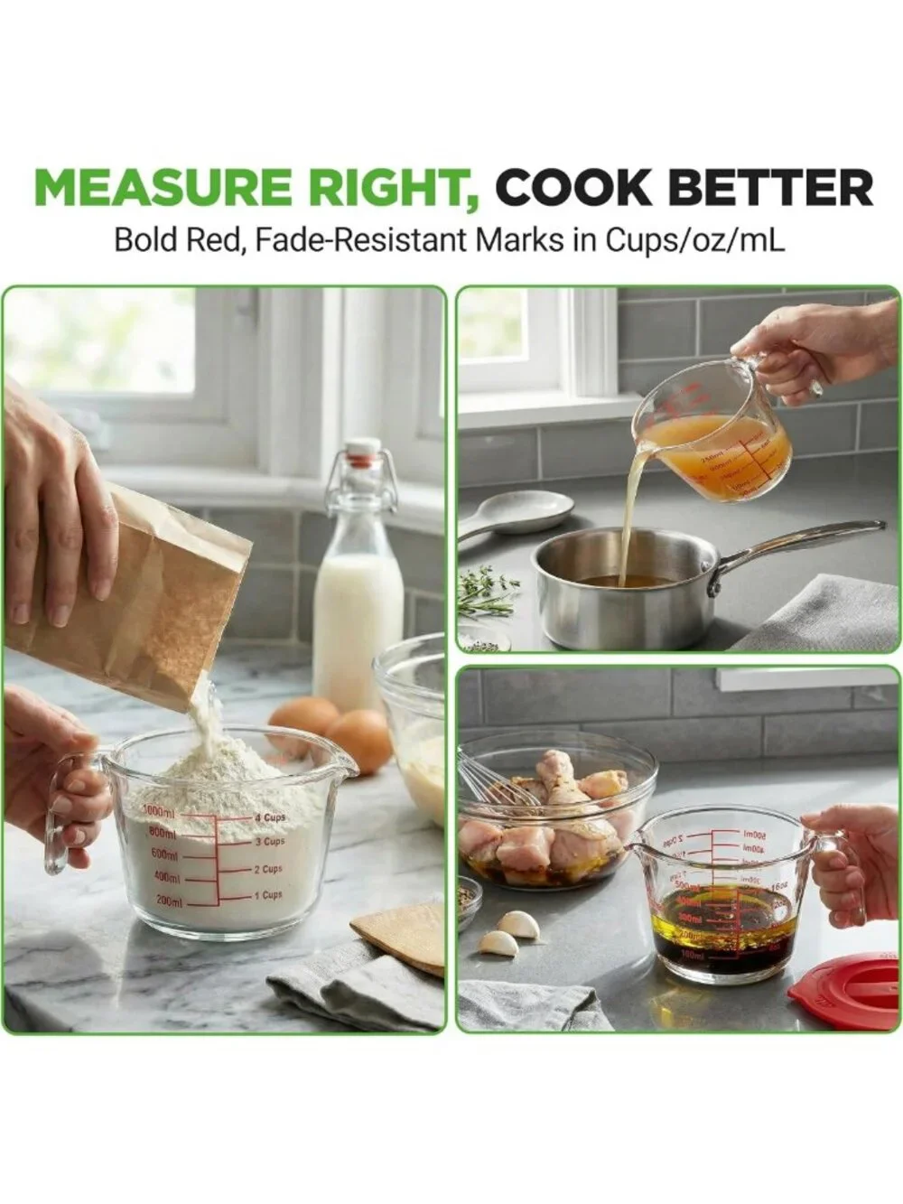 Set of 3 Heat-Resistant Glass Measuring Cups with Lids - Easy-Read Scale for